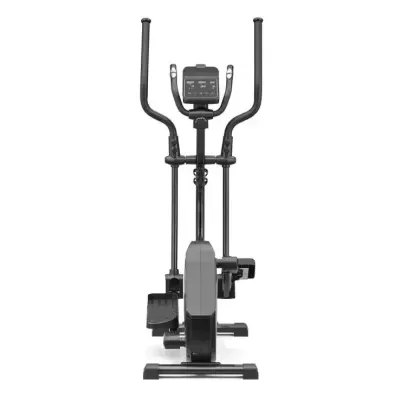 Elíptico fitness preto com monitor digital em fundo branco
