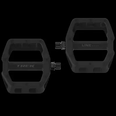 Par de pedais para bicicleta pretos com inscrições TREK e LINE GRIP