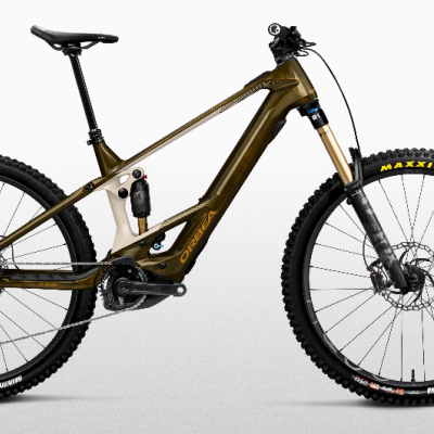 Bicicleta de montanha verde e bege com pneus Maxxis e suspensão