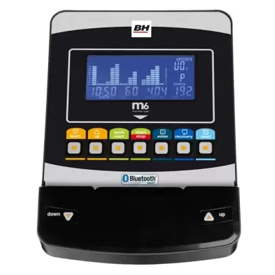 Display eletrônico da máquina de exercício BH com ecrã azul e botões coloridos