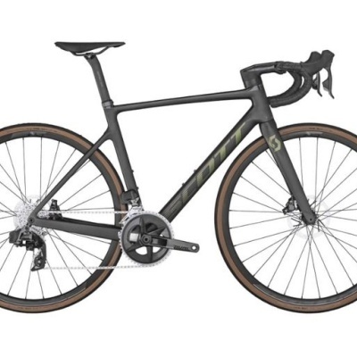 Bicicleta de estrada preta com detalhes castanhos nos pneus