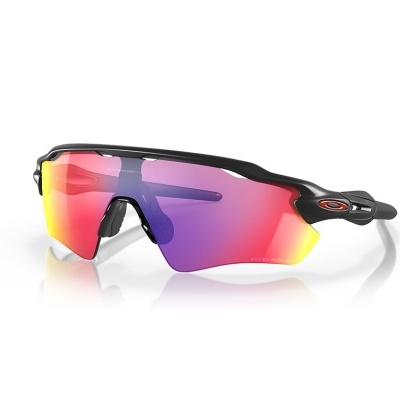 Óculos desportivos com armação preta e lentes espelhadas em tons vermelho, roxo e amarelo