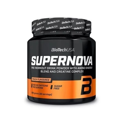 Frasco preto de suplemento em pó pré-treino SUPERNOVA BioTechUSA com rótulo laranja