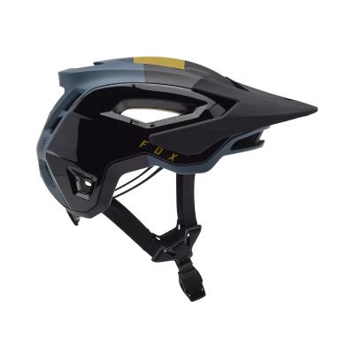 Capacete de bicicleta preto e cinzento com detalhes amarelos da FOX