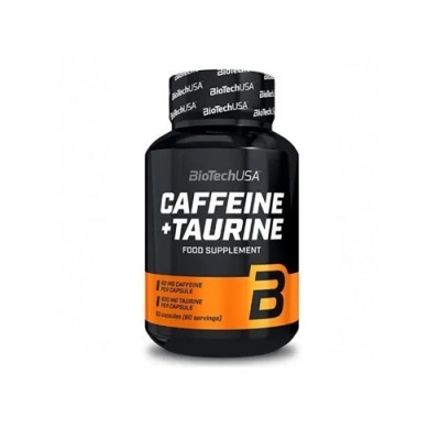 Frasco preto de suplemento alimentar BioTechUSA Caffeine+Taurine com rótulo preto e laranja