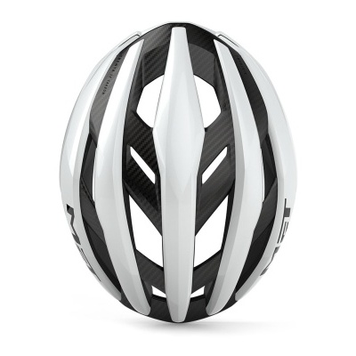 Capacete de ciclismo branco com detalhes em fibra de carbono preta