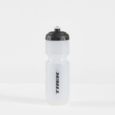 Garrafa de plástico transparente com tampa preta e logo TREK