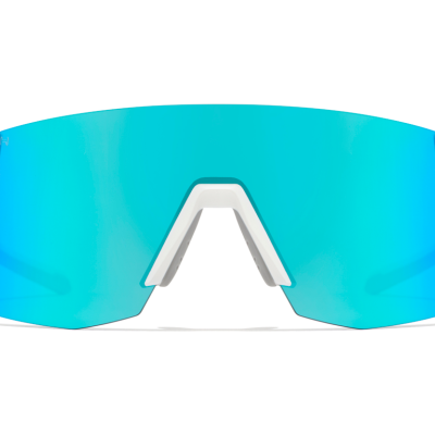 Óculos desportivos com lente azul espelhada e armação branca