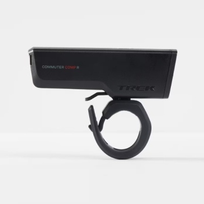 Luz dianteira preta para bicicleta com texto COMMUTER COMP R e TREK