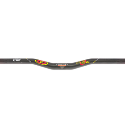 Guiador de bicicleta preto, vermelho e amarelo com texto impresso