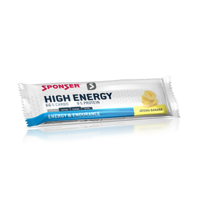 Barra energética Sponser High Energy aroma banana com embalagem branca, azul e amarelo