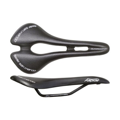 Selim de bicicleta preto Aspide com abertura central e texto branco