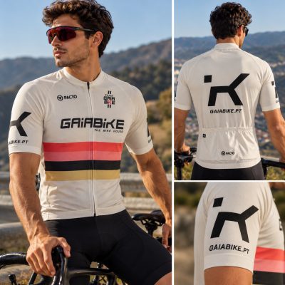 Camisola de ciclismo branca com listras e logos pretos e vermelhos