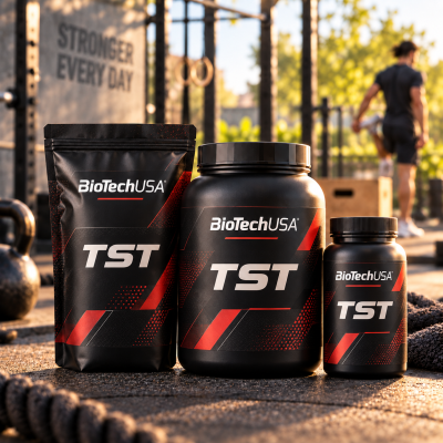 Suplementos BioTechUSA com rótulo TST em ginásio ao ar livre