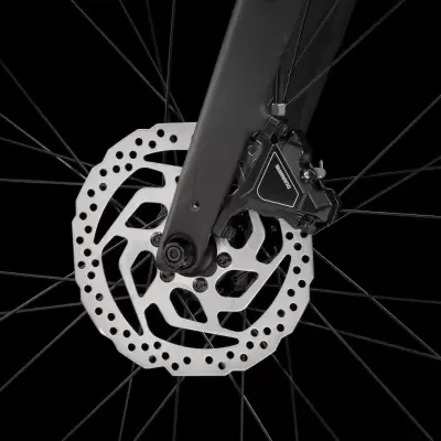 Disco de travão de bicicleta metálico e forqueta preta