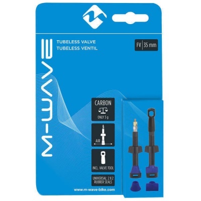 Embalagem azul com válvulas tubeless M-Wave para bicicleta.