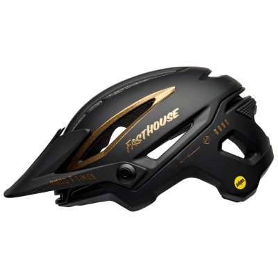 Capacete de ciclismo preto e dourado com texto FASTHOUSE