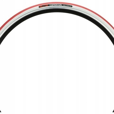 Pneu de bicicleta Kenda vermelho, preto e branco com texto no aro