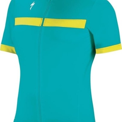 Camisola feminina de ciclismo azul-turquesa com detalhes amarelos