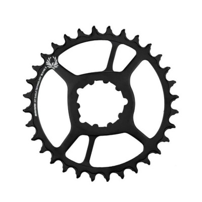 Anel dentado preto para bicicleta com texto e símbolos em fundo branco