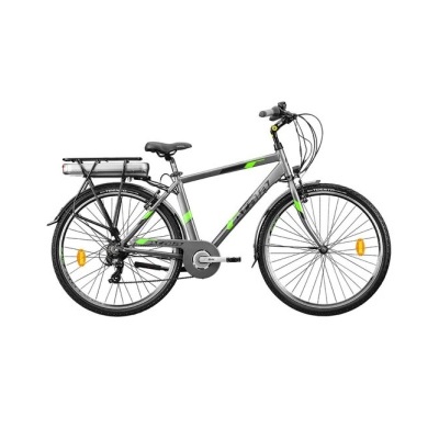 Bicicleta eléctrica cinza com detalhes verdes e bagageira traseira