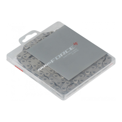 Corrente de bicicleta SRAM FORCE prateada embalada em estojo plástico com capa cinza