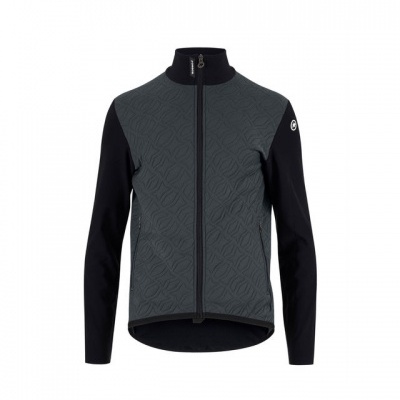 Casaco desportivo cinzento e preto com padrão texturizado e fecho zip