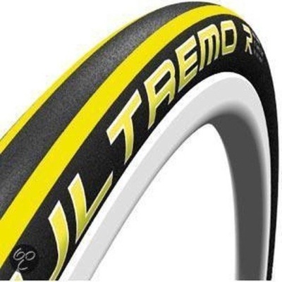 Pneu amarelo e preto para bicicleta com texto ULTREMO R em destaque