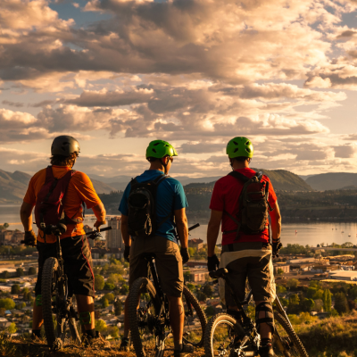 Três ciclistas de montanha com capacetes e mochilas numa colina ao pôr do sol