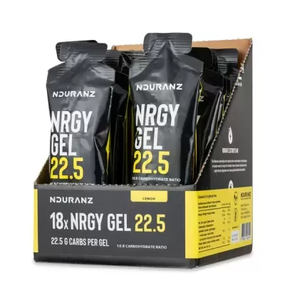 Pack de 18 géis energéticos NDURANZ NRGY GEL 22.5 sabor limão em embalagem preta e amarela