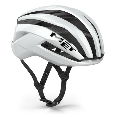 Capacete de ciclismo branco e preto com tiras pretas e texto MET