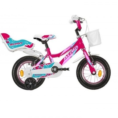 Bicicleta infantil rosa com cadeirinha traseira e cesto dianteiro branco
