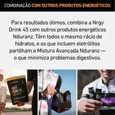 Produtos energéticos Nduranz com embalagens de NRGY DRINK 90 e géis energéticos em mãos de pessoas ao ar livre