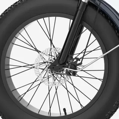 Roda dianteira de bicicleta com pneu grosso preto e disco de travão
