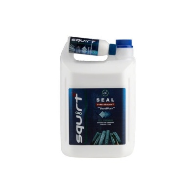 Frasco branco de plástico com selo de vedação e rótulo azul escuro com texto SEAL TYRE SEALANT 'Mudblock'