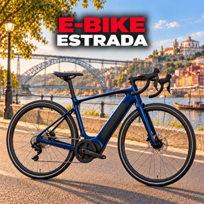 Bicicleta elétrica de estrada azul com fundo de ponte e cidade
