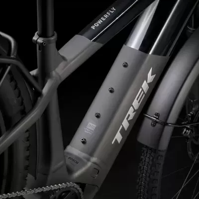 Bicicleta eléctrica cinzenta TREK Powerfly com bateria integrada no quadro