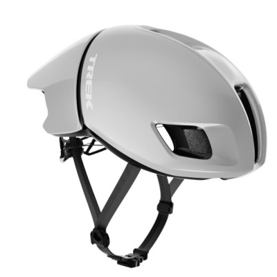 Capacete de ciclismo aerodinâmico branco com ventilação e alças pretas, logotipo TREK