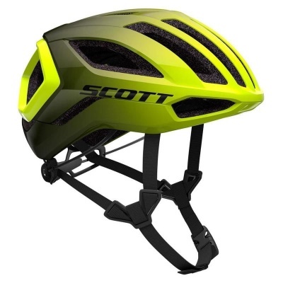 Capacete de ciclismo verde fluorescente com texto SCOTT na lateral