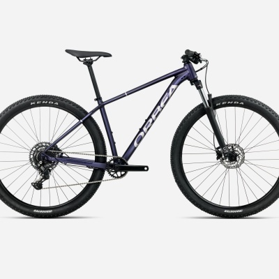 Bicicleta de montanha Orbea roxa com pneus pretos