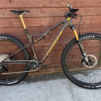 Bicicleta de montanha Orbea cinzenta e dourada encostada a uma parede de madeira castanha