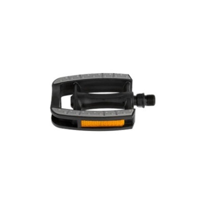 Pedal de bicicleta preto com reflexos amarelos e texto 'LEADER'