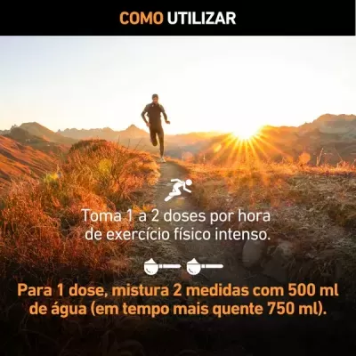 Corredor numa trilha ao pôr do sol com instruções de uso em texto branco e laranja.