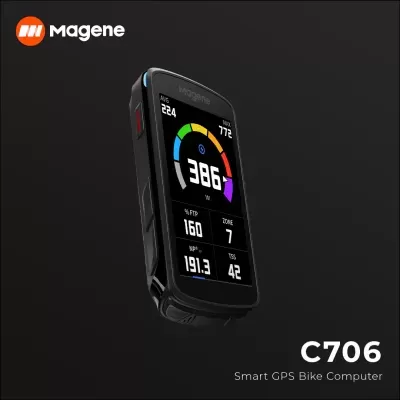 Computador inteligente Magene C706 para bicicleta com visor colorido mostrando dados métricos.