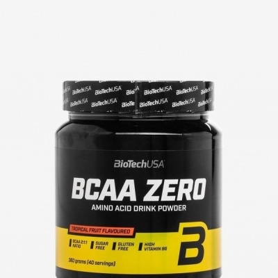 Suplemento BCAA ZERO em pó da BioTechUSA, sabor Tropical Fruit, embalagem preta com detalhes amarelos e texto branco