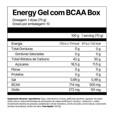 Tabela nutricional do Energy Gel com BCAA Box com ingredientes e informações detalhadas