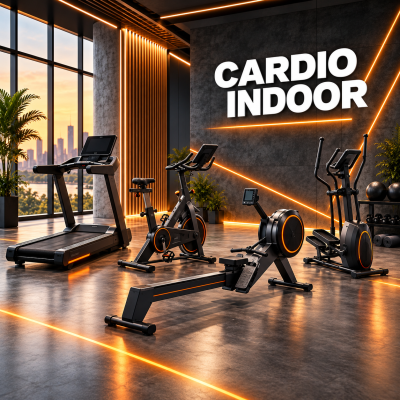 Equipamento cardio indoor preto com detalhes laranja em ginásio moderno com iluminaçao laranja e parede cinza com texto CARDIO INDOOR