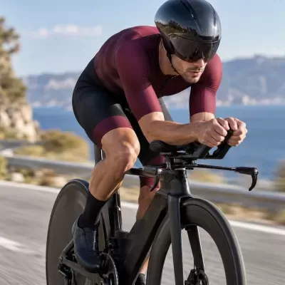 Homem com fato de banho ciclismo bordeaux e preto e capacete preto numa bicicleta de estrada preta na estrada junto ao mar