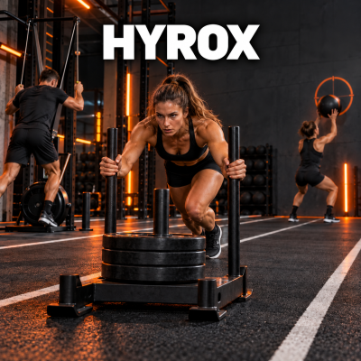 Pessoa a empurrar trenó com pesos no ginásio com luzes laranja e texto HYROX ao fundo