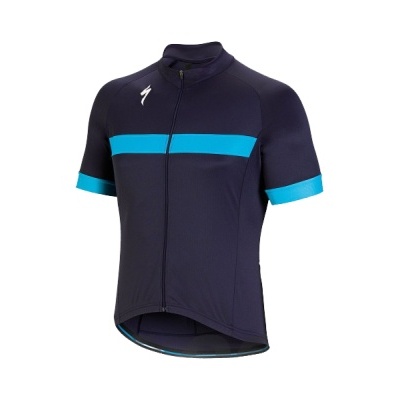 Camisola de ciclismo preta com faixa azul e fecho de correr